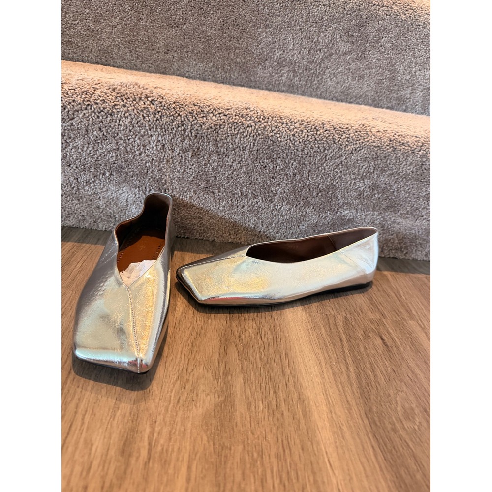 Pomoxikn Silver Metallic Leather Square Toe V Cut Ballet Flat 9.5 Y2K Minimalist